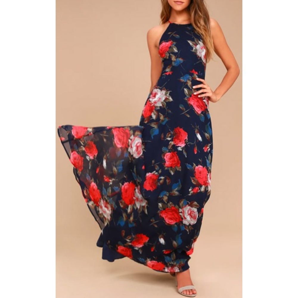 Navy Blue Floral Print Lace-Up Maxi Dress